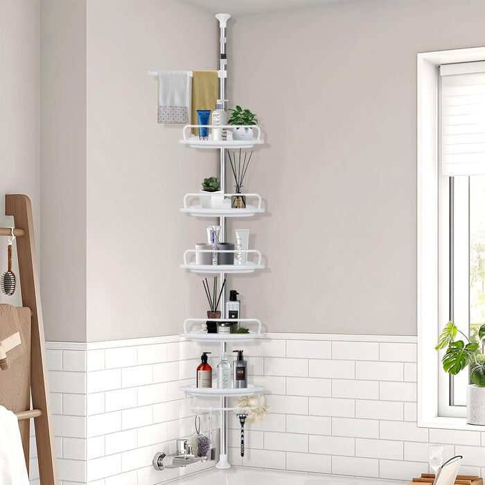Телескопічна поличка для душу, регульована висота 100-310 см, 5 полиць з 4 гачками та тримачем для рушників, кутова поличка для ванної кімнати без свердління