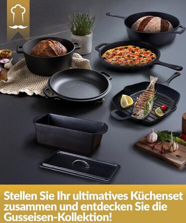 Чавунна гриль сковорода Chefarone 25.5 см з носиком – емальована сковорода для стейків, підходить для індукції, газу, склокераміки та духовки