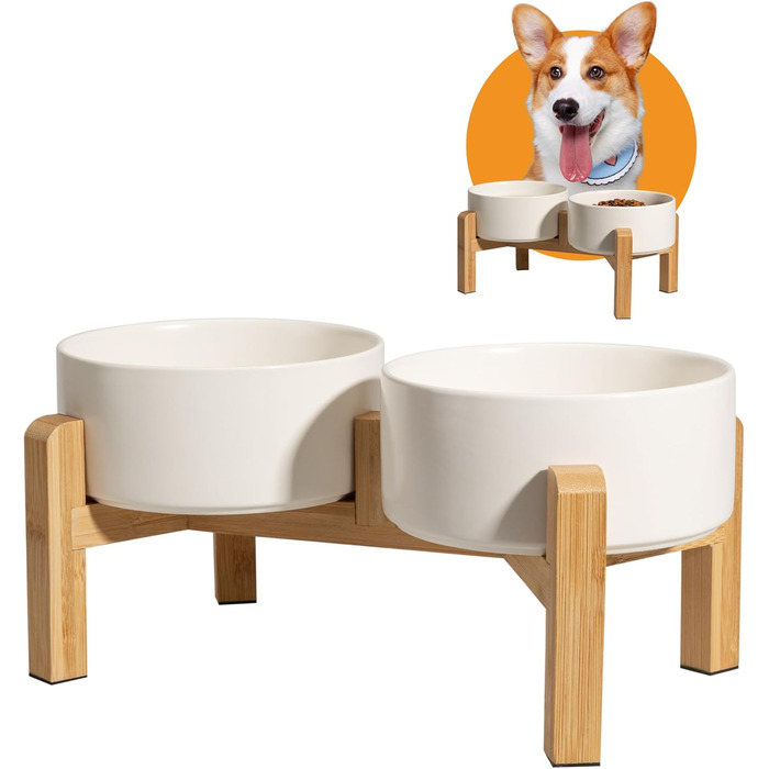 Elevated Dog Bowl Set - Ceramic Double Bowls with Non-Slip Stand - 2 Pack, 850ml Each - Ideal for Small & Medium Dogs