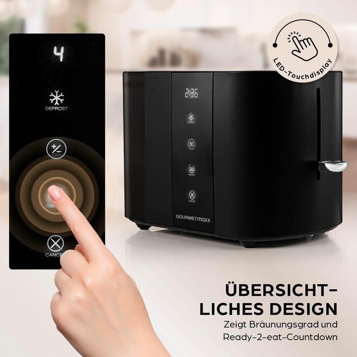 Тостер GOURMETmaxx Kurzschlitz для 2 тостів | Тостер антрацитового кольору з 6 рівнями підсмажування та таймером | Електричний тостер з сенсорним дисплеєм, насадкою для бургерів та функцією підігріву