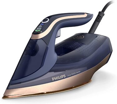 Philips Azur 8000 Series Steam Iron - 85 g/min continuous steam, 260 g Turbo steam boost, 3000 W, OptimalTEMP Technology, SteamGlide Elite soleplate, Dark Blue (DST8050/20) 260 g steam boost, 85 g continuous steam, Dark Blue/Gold