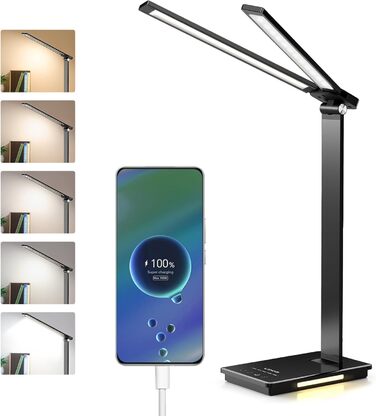 LED лампа настільна LENDOO з двома головками, регульована яскравість 700 люмен, 5 рівнів регулювання, 5 колірних режимів, USB-порт для зарядки та вбудований акумулятор 2000mAh, для дітей, спальні, читання, чорна