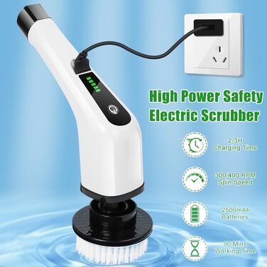 Електрична щітка для чищення OSDUE з 7 насадками, бездротова, водонепроникна IPX7, для ванни та плитки, з регульованою ручкою 137 см, біла