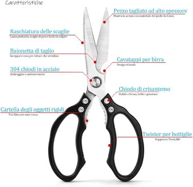 Ніж-ножиці кухонні з нержавіючої сталі, універсальні, з відкривачем для пляшок, для птиці, риби, м'яса, зелені, горіхів, миється в посудомийній машині (чорний)