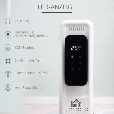 HOMCOM Портативний масляний радіатор з електронагрівом, 2500W, 3 режими, таймер, 11 секцій, білий, сталь, 50.5 x 24 x 63 см