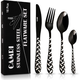 CAMRI Набір столових приборів – 16 предметів з нержавіючої сталі. Набір столових приборів, ножі, виделки, ложки. Комплект на 4 особи, придатний для миття в посудомийній машині. Кріз-чорний візерунок.