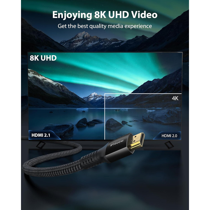 HDMI кабель Stouchi 2 м 8K 10K 4K Ultra High Speed 48Gbps 4K120 144Hz eARC HDR10 4:4 HDCP 2.2/2.3 Dolby, сумісний з Fire TV/Roku TV/PS5/Xbox Series X/Samsung/Sony/LG (2 шт., чорний)