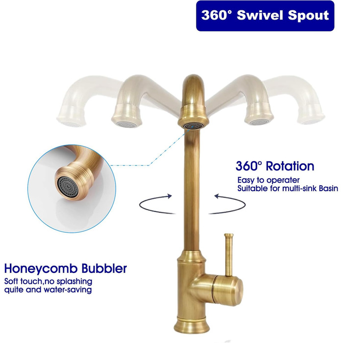 Кухонний змішувач з поворотним виливом 360° з античним покриттям з міді