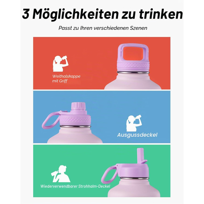 Термофляга Coolflask 2Л зі сталі з трубою та 3 кришками, вакуумна ізольована пляшка для води для спорту та подорожей, Starry Indigo Black (Рожевий, 1893 мл)