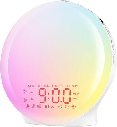 Bluetooth Alarm Clock, Daylight Alarm Clock, Wake-Up Light with Sunrise/Sunset Simulation, 17 Color Lights, 22 Sleep Sounds, Snooze, Two Alarms, FM Radio, for Heavy Sleepers & Kids