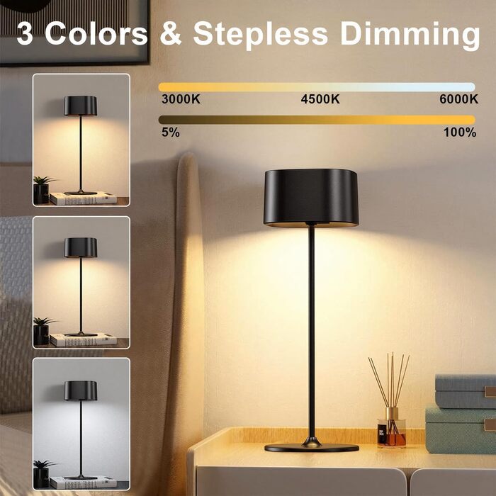 Акумуляторний LED настільний світильник з димером, 2 шт. Бездротовий сенсорний світильник USB-C, металевий, водонепроникний (IP54), 5600mAh, 5W, чорний