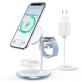 База для бездротової зарядки 3-в-1: iPhone, iWatch, AirPods, 15W, MagSafe, фіолетовий (світло-блакитний)