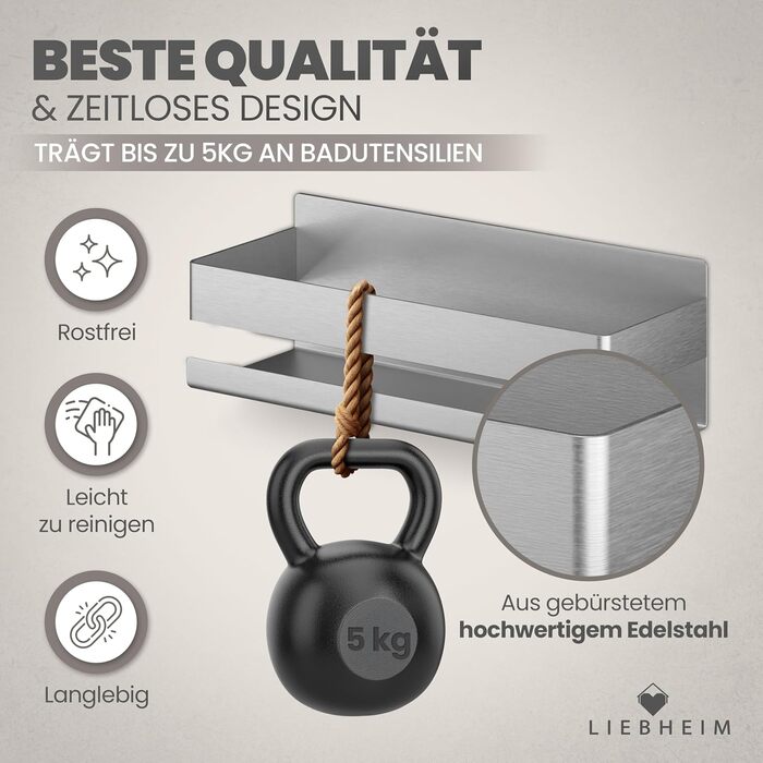 Поличка для душу з нержавіючої сталі S304 - без свердління, монтаж на клейкій стрічці, срібляста, для ванної кімнати