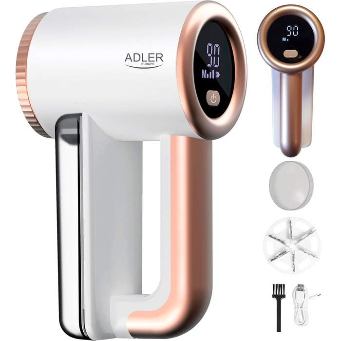 Електричний removing-машинка для видалення ворсу ADLER EUROPE AD 9617 з LCD-дисплеєм, 3 швидкості, акумулятор 2000mAh, USB-зарядка, білий/золотий