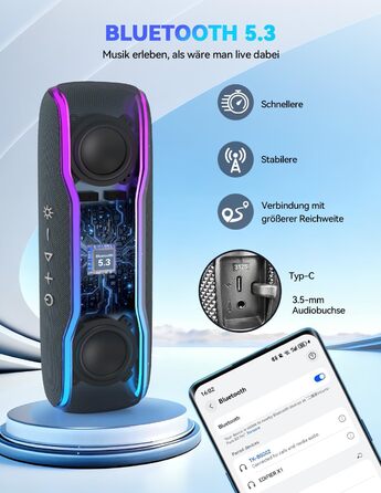 TECKNET Bluetooth колонка з підсвіткою, IPX7, 30W, чорна - портативна бездротова колонка Bluetooth 5.3 для вечірок, подорожей