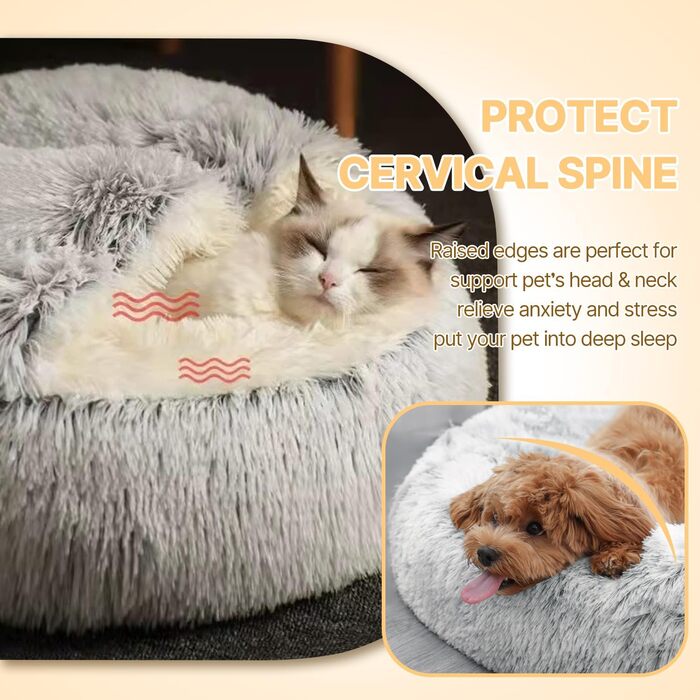 YAGE Soothing Cat Bed, Fluffy Plush Kitten Bed, Washable Anti-Anxiety Puppy Bed, Pet Bed for Small Dogs Soft Warm Donut Cat Sleeping Bag. No.: 015002802-0001(M-50cm)