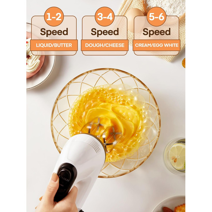 Електричний ручний міксер 400 Вт з 6 швидкостями та Turbo Boost, з набором аксесуарів, нержавіюча сталь, білий