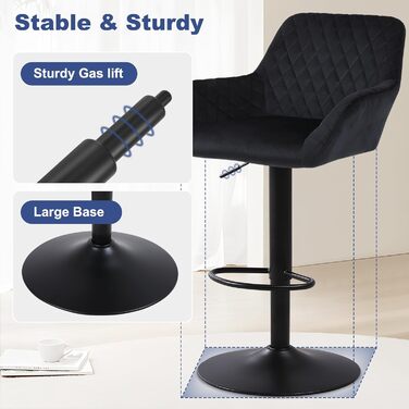 Ralex Velvet Bar Stools 2-Pack - Adjustable Swivel Bar Chairs with Backrest & Armrests for Kitchen, Bar & Counter - Black