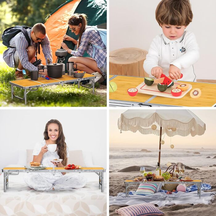 Складний кемпінговий стіл FUNYKICH 116x40x26 см, жовтий - алюмінієвий, MDF стільниця, з сумкою для перенесення