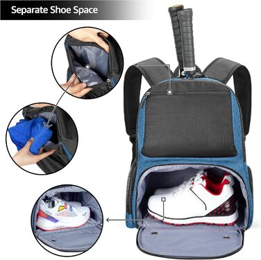 Рюкзак для тенісу DSLEAF з відділенням для взуття, сумка для 2 ракет, з м'якими лямками, вентильоване відділення для взуття, для жінок та чоловіків (блакитний)