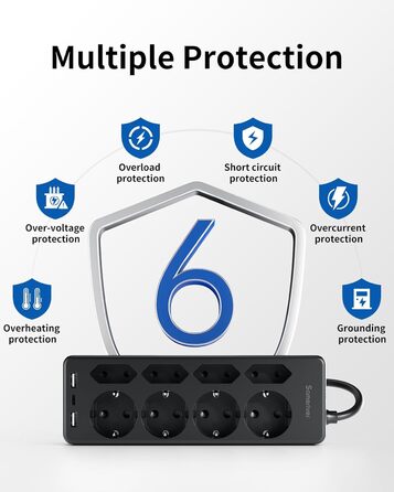 Мережевий фільтр Sameriver 8-фазний з захистом від перенапруги, 3 USB, вимикач, кабель 3M, чорний