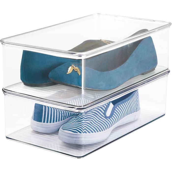 mDesign 2-Piece Stackable Shoe Box with Lid – Practical Shoe Storage Box Made of Plastic – Ideal for Protected Storage of Sandals, Sneakers, etc. – Transparent