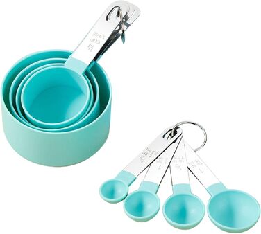 FLaig 8-Piece Plastic Measuring Cup and Spoon Set, Stackable Cups and Spoons, Nesting Measuring Cups with Stainless Steel Handles, Small Teaspoon Spoon