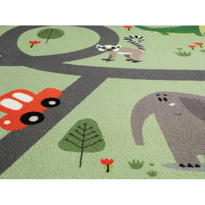 Дитячий килим Happy Life: Ігровий килим з мотивом доріг, джунглі, тварини та машинки, антиковзкий, 80x150 см (прямокутний 240x340 см, зелений)