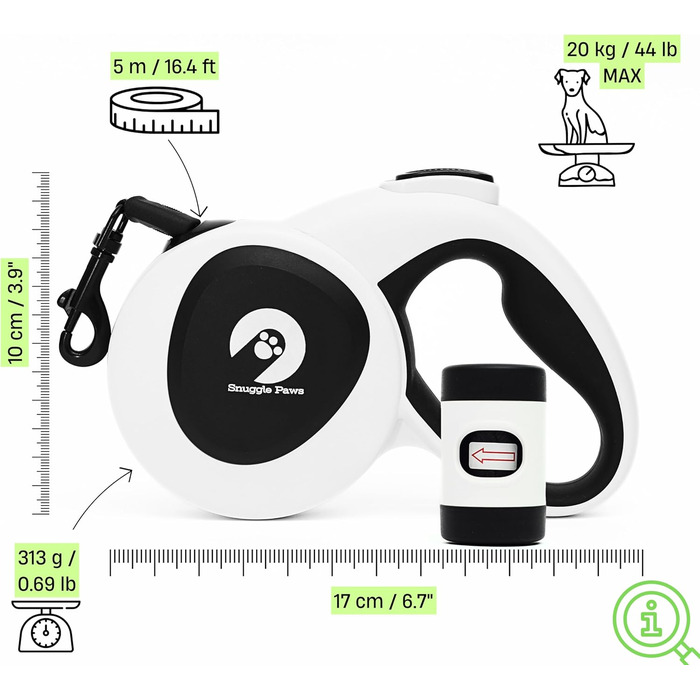 Snuggle Paws Retractable Dog Leash - 5m LED Light, Poop Bag Dispenser, Chew-Proof Steel Cable, Reflective Nylon Band | Extendable Leash for Small Dogs up to 20kg