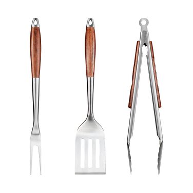 Набір аксесуарів для гриля FJNATINH з нержавіючої сталі з дерев'яним руків'ям, 4-х частинний: щипці, лопатка, щітка та виделка. Зручний відкривач для пляшок – ідеально для гриля та як подарунок. (Набір гриль-інструментів 4 шт)