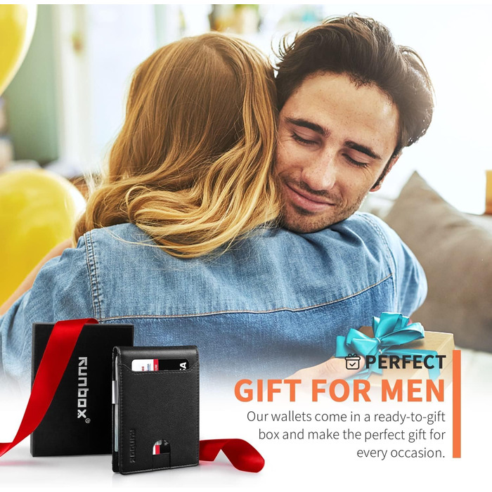 RUNBOX Шкіряний гаманець-монетниця для чоловіків - RFID захист, тонкий, з подарунковою коробкою, чорний