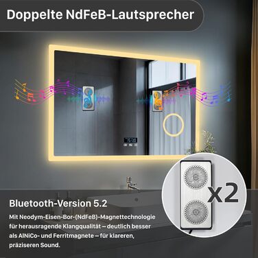 Дзеркало для ванної кімнати LUVODI з підсвічуванням 100x70 см: годинник, температура, дата, проти запотівання, регулювання яскравості, 3 кольори світла, функція пам'яті, LED, Bluetooth, збільшення 3x