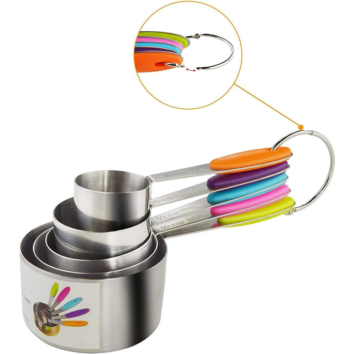 Набір мірних ложок Xingxinrong з нержавіючої сталі (5 мірних ложок + 1 кільце) з силіконовою ручкою, з гравіюванням шкали США та міжнародної системи, придатний для миття в посудомийній машині, аксесуари для приготування їжі та випічки для кухні
