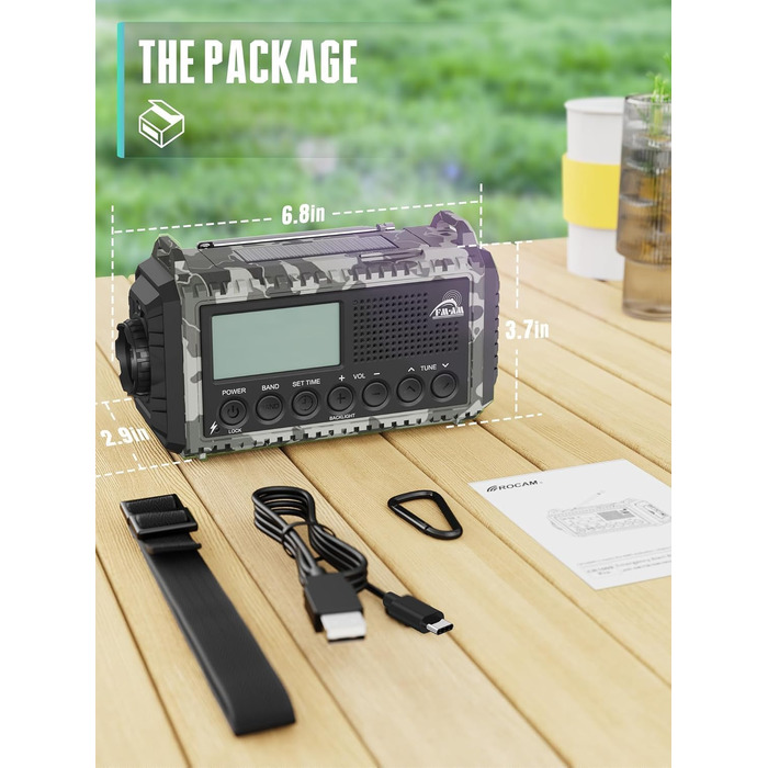 Радіо на механічній ручці з сонячною панеллю та Powerbank 12000mAh | AM/FM/SW радіо для надзвичайних ситуацій, зарядка USB-C, SOS-сигнал, ліхтарик та лампа для читання | Водонепроникне, портативне для кемпінгу, туризму (Сірий камуфляж)
