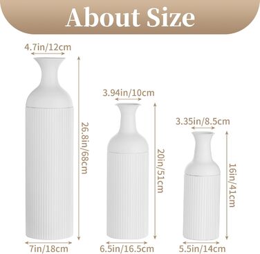 Large White Metal Floor Vase - Modern Textured Design, 68/51/41cm - Perfect for Pampas Grass, Living Room, Bedroom, Fireplace & Entryway