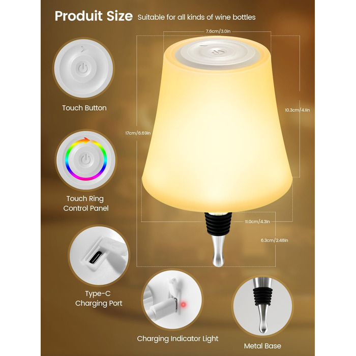 Світлодіодні настільні лампи бездротові 2 шт, IP54, акумуляторні пляшкові лампи, 7 режимів, димування, 5200mAh, сенсорне управління, для ресторанів, спальні (Білий)