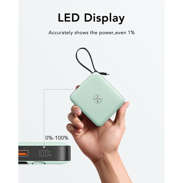 Power Bank VRURC 10000mAh з кабелем: компактний акумулятор USB-C, швидка зарядка 22.5W, LED-дисплей, сумісний з iPhone, Huawei
