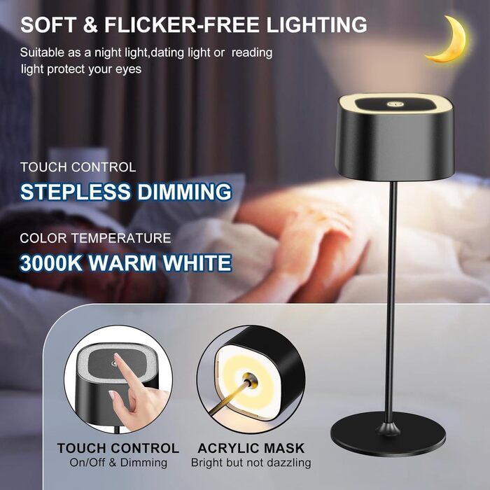 Акумуляторний LED настільний світильник з димером, 2 шт. Бездротовий сенсорний світильник USB-C, металевий, водонепроникний (IP54), 5600mAh, 5W, чорний