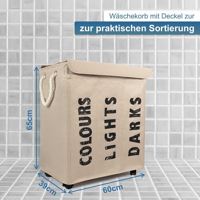 osoltus Laundry Box - Laundry Sorter with Lid & Wheels - Bathroom Organizer - Laundry Basket - Laundry Chest - Bathroom Laundry Sorting System - Sand