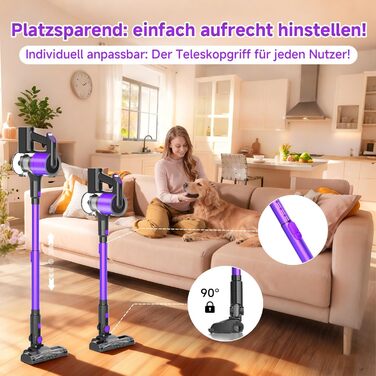 Бездротовий акумуляторний пилосос Hearten 4-в-1 з LED дисплеєм та антизаплутувальною насадкою, сенсорне управління, для видалення шерсті тварин, килимів та твердих поверхонь (фіолетовий)