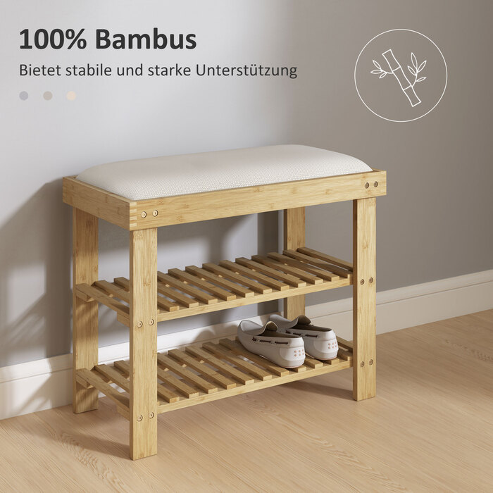 HOMCOM Shoe Cabinet with Seat, Bamboo Bench with Storage, Shoe Rack with 2 Open Compartments, Bench, Bank, Coat Room Bench for Living Room, Hallway, 60 x 29 x 49 cm Cream White | Aosom