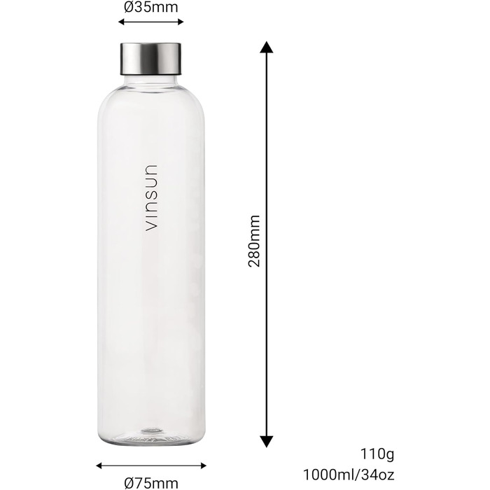 VINSUN Water Bottle 650ml, 1000ml, 1500ml - Leak-proof, Carbonated Beverage Safe, BPA-Free, Tritan - Lightweight Water Bottle for Sports, Outdoor Activities, School, Cycling, Office (1000 ml, Transparent)