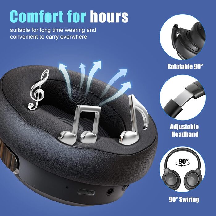 BERIBES Бездротові навушники Over-Ear Bluetooth з мікрофоном, 65 годин роботи, 6 EQ-режимів, HiFi Stereo, чорний