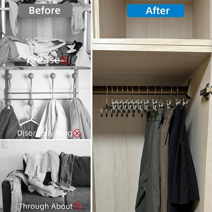 10 металевих кріплення для штанів, шкарпеток та спідниць, 30 см, антиковзаючі, хром, міцні, компактні, чорні (10 шт.)