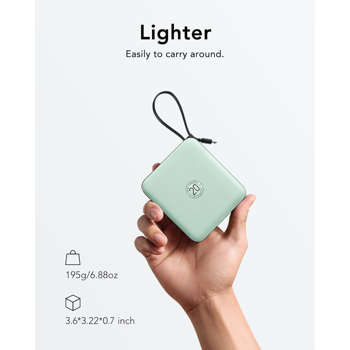 Power Bank VRURC 10000mAh з кабелем: компактний акумулятор USB-C, швидка зарядка 22.5W, LED-дисплей, сумісний з iPhone, Huawei