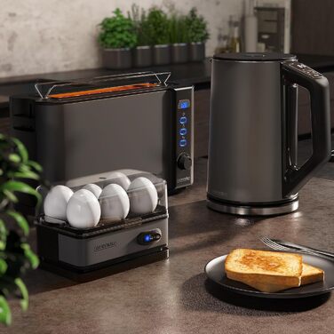 Набір чайник та тостер Arendo: чайник 2200W, 1,5L, регулювання температури, тостер 1000W на 2 тости/булочки, яйцеварка на 1-6 яєць, BPA free, колір: сірий