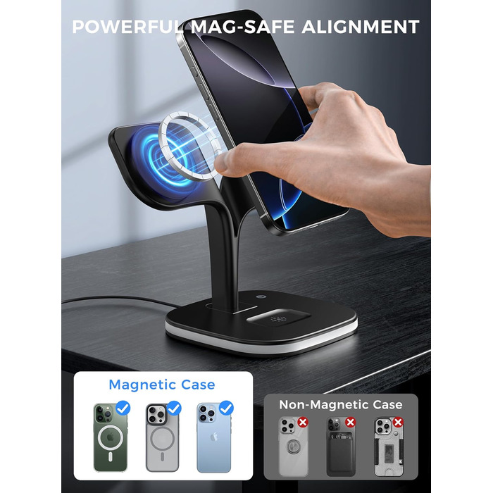 Зарядна станція 3 в 1 для Apple Watch та iPhone з MagSafe, сумісна з iPhone 17 Air 16 15 14 13 12, Apple Watch 11 10 9 8 7 6 5 4 3 2 SE Ultra, AirPods Pro/4/3/2, білий (чорний)