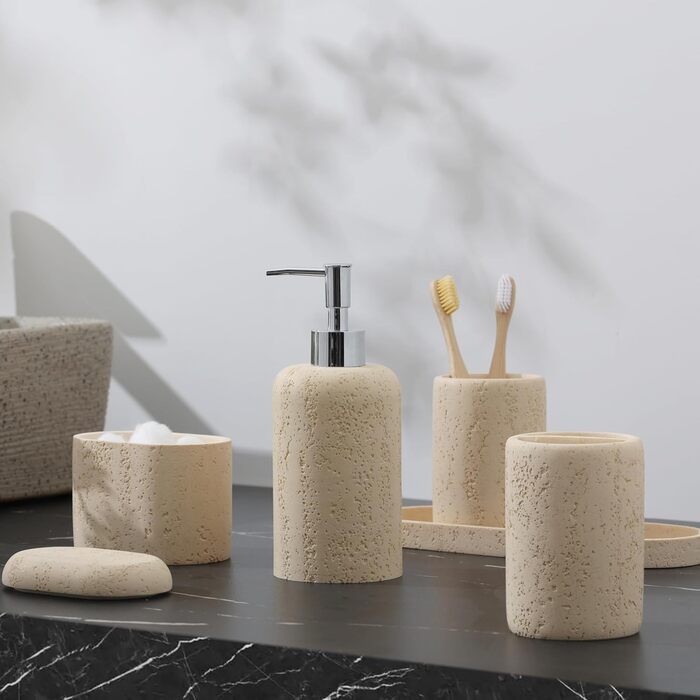 Набір аксесуарів для ванної кімнати, 5 предметів: тримач для щітки, пасти, мильниця та інше. Дерев'яний набір для ванної кімнати
