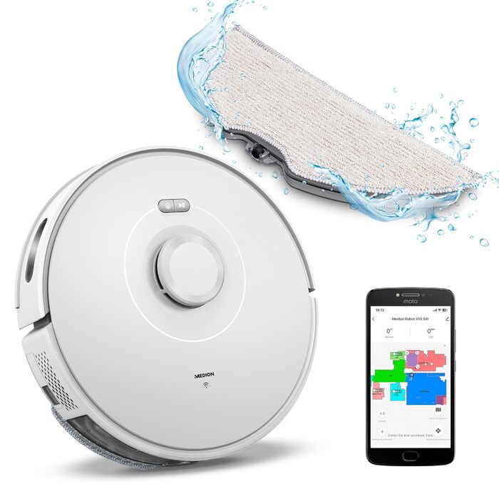 Робот-пилосос MEDION X10 SW з лазерною навігацією та функцією миття, 2700Pa, 2-в-1, створення карт, зони заборони, для кількох поверхів