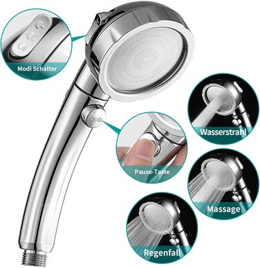 MIAOHUI Showerhead, Water-Saving with Water Stop Function, 3 Spray Patterns, Pressure-Boosting Showerhead, Shower with Hose and Holder (Chrome)